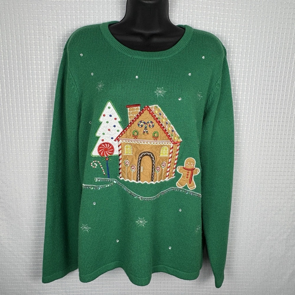 Gingerbread House Christmas Sweater Womens‎ XL 16/18 Holiday Sparkles Graphic
